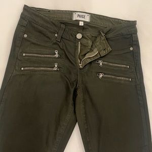 Paige Dark Green Coated Skinny Jeans with Zipper Detail
